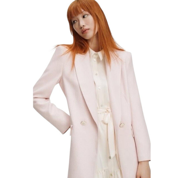 Zara Double Breasted Long Blazer Women S Pink Tailored Fitted Academia Tweed - Picture 12 of 16